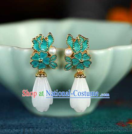 Handmade Chinese Jade Mangnolia Ear Accessories Traditional Cheongsam Cloisonne Earrings