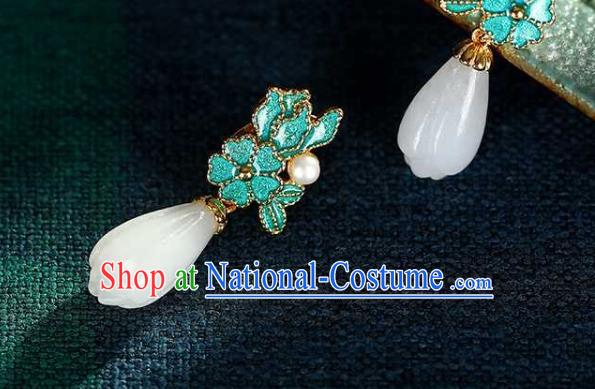 Handmade Chinese Jade Mangnolia Ear Accessories Traditional Cheongsam Cloisonne Earrings