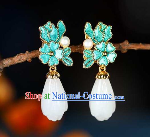 Handmade Chinese Jade Mangnolia Ear Accessories Traditional Cheongsam Cloisonne Earrings