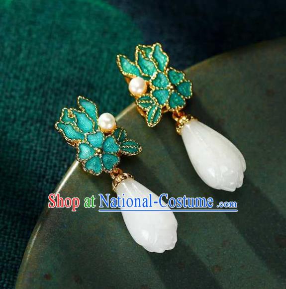 Handmade Chinese Jade Mangnolia Ear Accessories Traditional Cheongsam Cloisonne Earrings