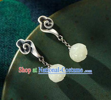 Chinese Traditional Cheongsam Jade Lotus Earrings Handmade National Silver Cloud Ear Accessories