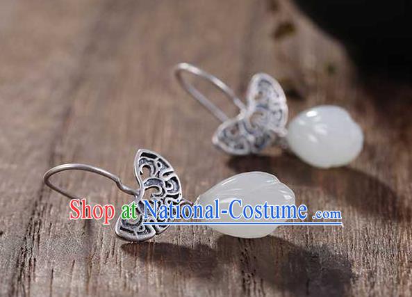 Handmade Chinese Silver Ear Accessories Traditional Cheongsam Jade Mangnolia Earrings