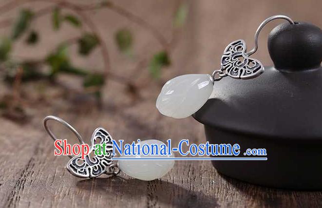 Handmade Chinese Silver Ear Accessories Traditional Cheongsam Jade Mangnolia Earrings