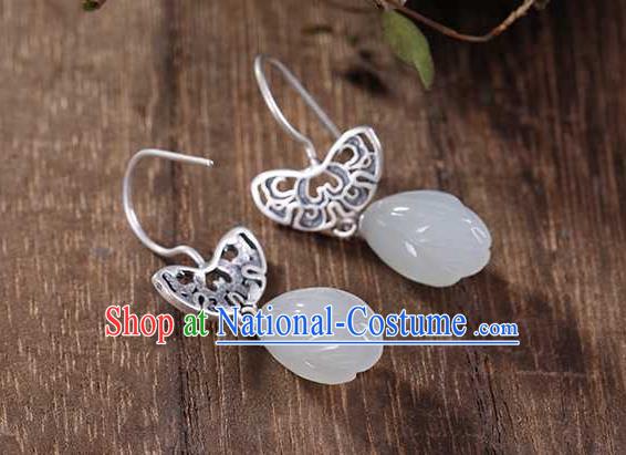 Handmade Chinese Silver Ear Accessories Traditional Cheongsam Jade Mangnolia Earrings