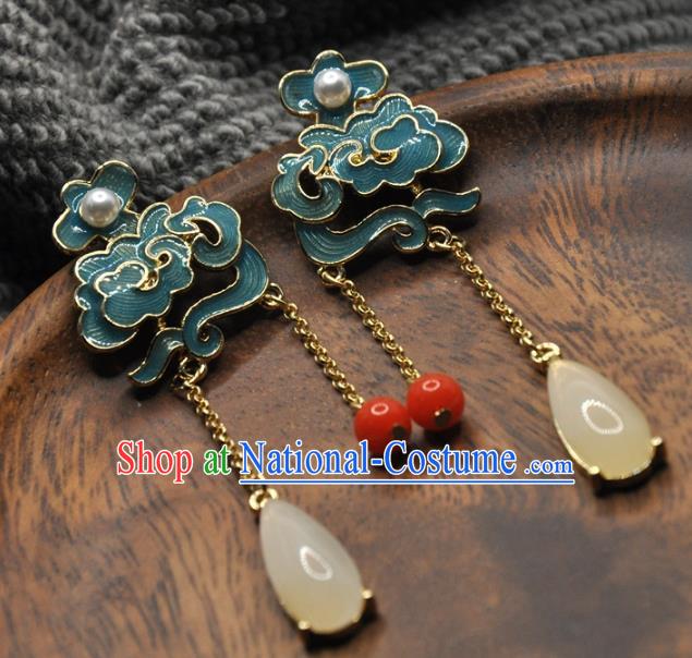 Chinese Traditional Qing Dynasty Palace Earrings Handmade Hanfu Jade Tassel Ear Accessories