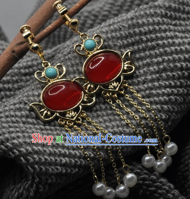 Chinese Traditional Hanfu Tassel Earrings Handmade Cheongsam Ruby Ear Accessories