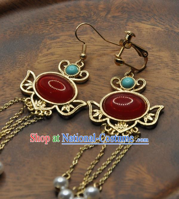 Chinese Traditional Hanfu Tassel Earrings Handmade Cheongsam Ruby Ear Accessories