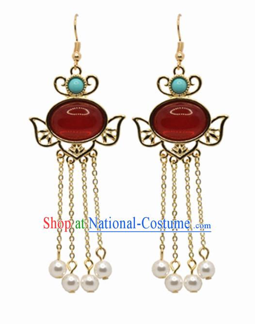 Chinese Traditional Hanfu Tassel Earrings Handmade Cheongsam Ruby Ear Accessories