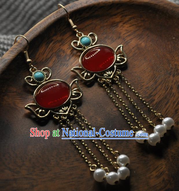 Chinese Traditional Hanfu Tassel Earrings Handmade Cheongsam Ruby Ear Accessories