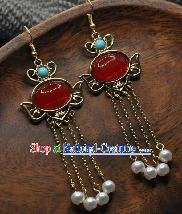 Chinese Traditional Hanfu Tassel Earrings Handmade Cheongsam Ruby Ear Accessories