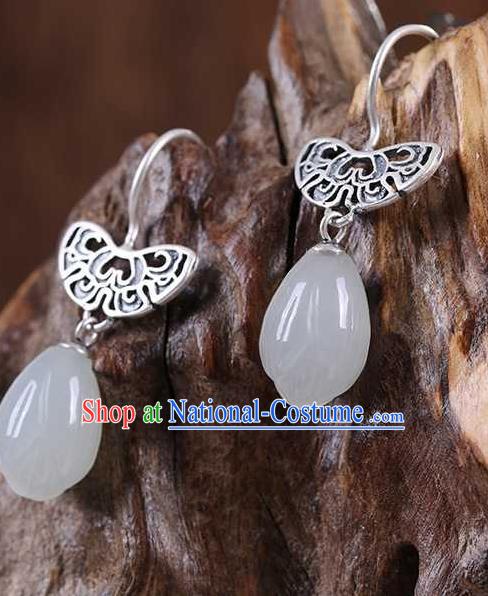 Handmade Chinese Silver Ear Accessories Traditional Cheongsam Jade Mangnolia Earrings