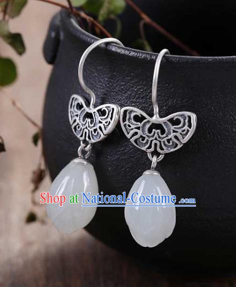 Handmade Chinese Silver Ear Accessories Traditional Cheongsam Jade Mangnolia Earrings