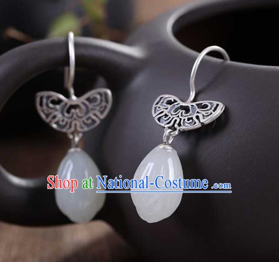 Handmade Chinese Silver Ear Accessories Traditional Cheongsam Jade Mangnolia Earrings