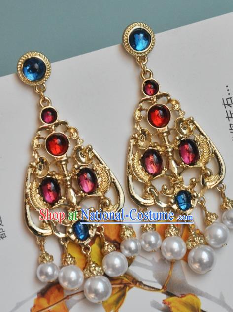 Chinese Classical Cheongsam Gems Ear Accessories Traditional Qing Dynasty Palace Lady Golden Earrings