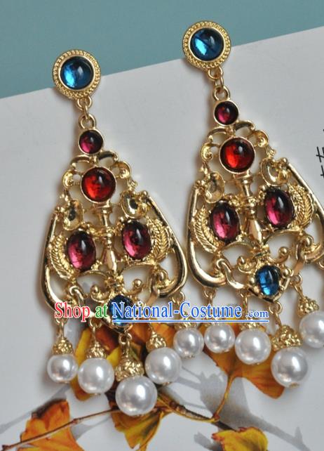 Chinese Classical Cheongsam Gems Ear Accessories Traditional Qing Dynasty Palace Lady Golden Earrings