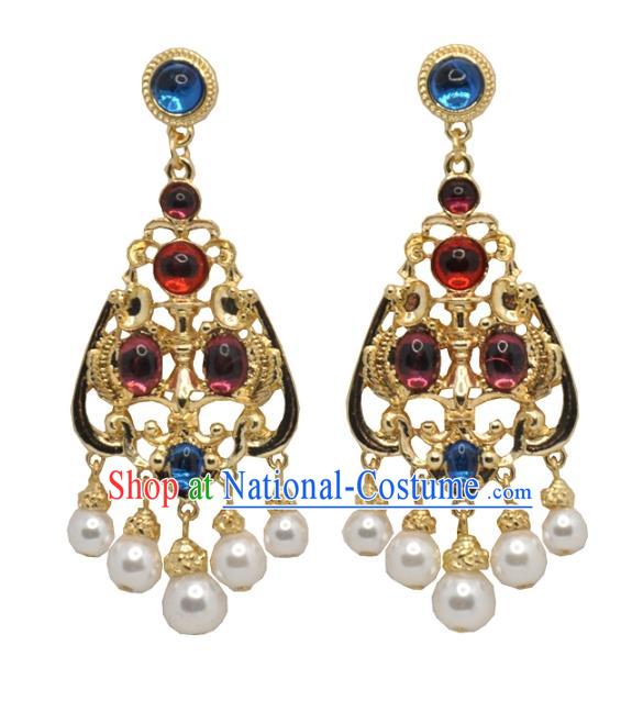 Chinese Classical Cheongsam Gems Ear Accessories Traditional Qing Dynasty Palace Lady Golden Earrings