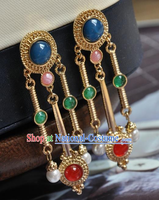 Chinese Traditional Qing Dynasty Gems Earrings Classical Cheongsam Ear Accessories