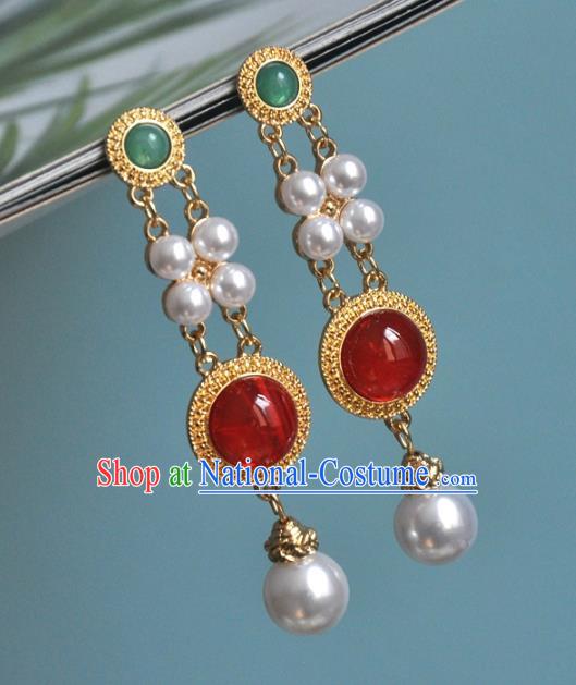 Chinese Traditional Carnelian Earrings Classical Cheongsam Golden Ear Accessories