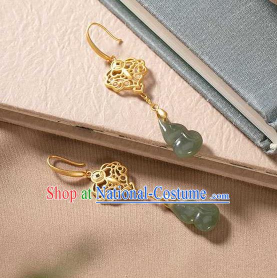 Handmade Chinese Golden Ear Accessories Traditional Cheongsam Jade Gourd Earrings