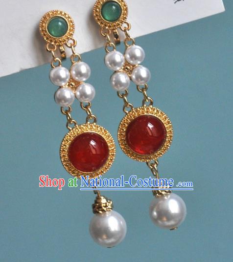 Chinese Traditional Carnelian Earrings Classical Cheongsam Golden Ear Accessories