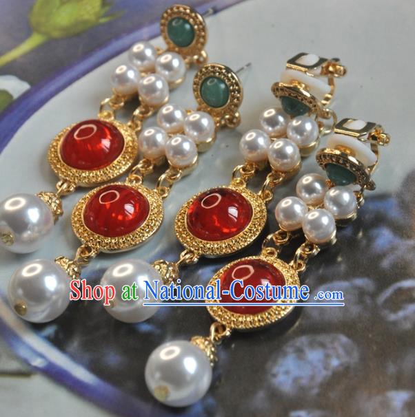 Chinese Traditional Carnelian Earrings Classical Cheongsam Golden Ear Accessories