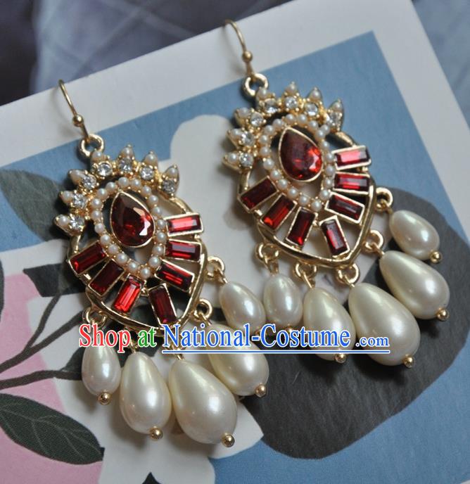 Chinese Traditional Red Crystal Earrings Handmade Cheongsam Pearls Ear Accessories