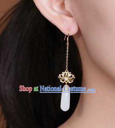 Handmade Chinese National Jade Ear Accessories Traditional Cheongsam Golden Lotus Earrings