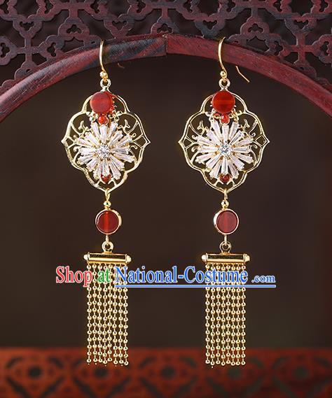 Chinese Classical Zircon Ear Accessories Traditional Cheongsam Golden Tassel Earrings