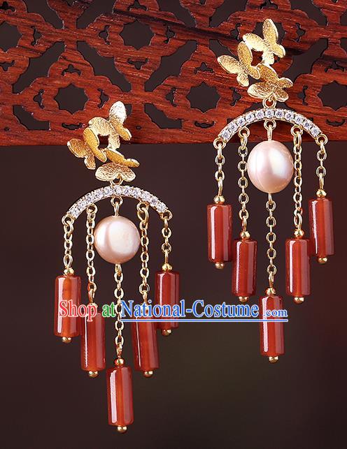 Chinese Classical Agate Tassel Ear Accessories Traditional Cheongsam Pearl Earrings