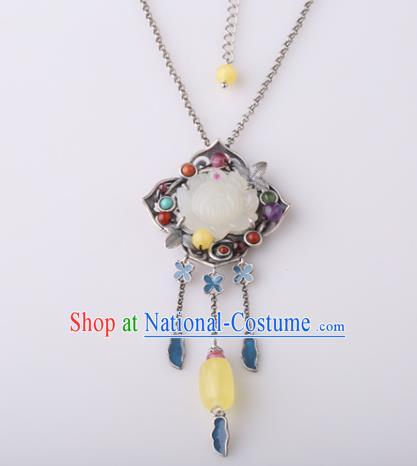 China Classical Jade Lotus Necklace Pendant Traditional Cheongsam Beeswax Necklet Accessories