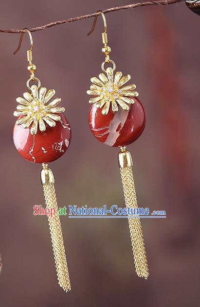 Chinese Classical Red Stone Ear Accessories Traditional Cheongsam Golden Chrysanthemum Earrings