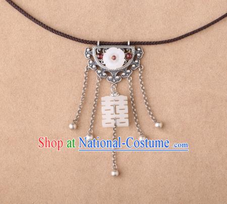 China Classical Silver Tassel Necklace Pendant Traditional Cheongsam Jade Wedding Necklet Accessories