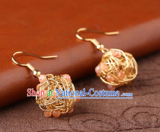 Chinese Classical Golden Ear Accessories Traditional Cheongsam National Rose Quartz Earrings