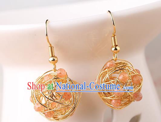 Chinese Classical Golden Ear Accessories Traditional Cheongsam National Rose Quartz Earrings