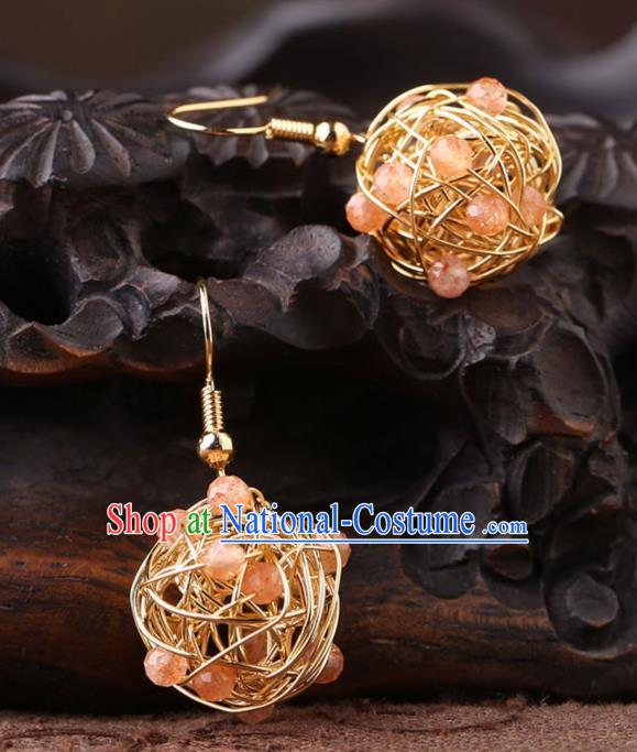 Chinese Classical Golden Ear Accessories Traditional Cheongsam National Rose Quartz Earrings