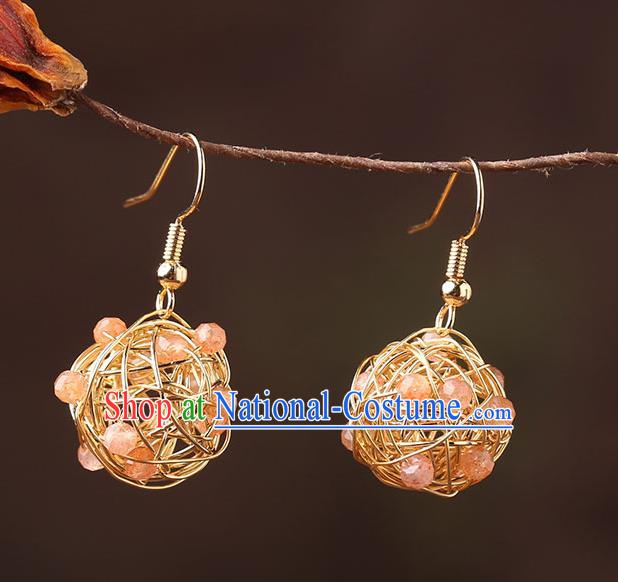 Chinese Classical Golden Ear Accessories Traditional Cheongsam National Rose Quartz Earrings