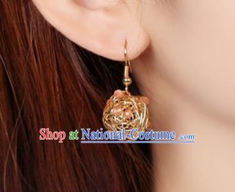 Chinese Classical Golden Ear Accessories Traditional Cheongsam National Rose Quartz Earrings