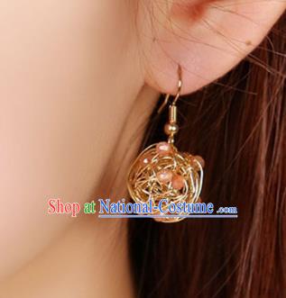 Chinese Classical Golden Ear Accessories Traditional Cheongsam National Rose Quartz Earrings