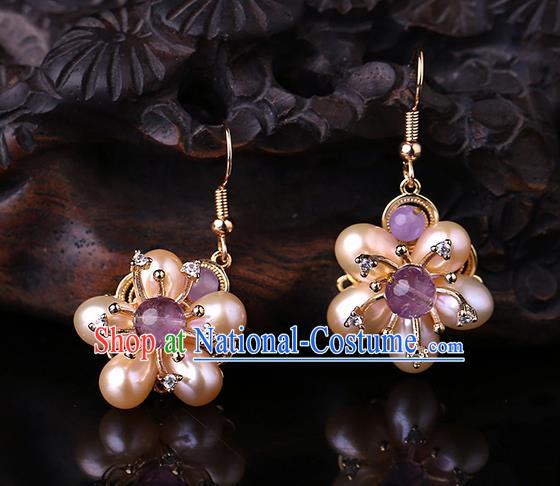 Chinese Classical Pearls Plum Ear Accessories Traditional Cheongsam National Amethyst Earrings