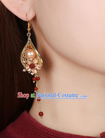 Chinese Classical Red Beads Tassel Ear Accessories Traditional Cheongsam Pearl Golden Earrings