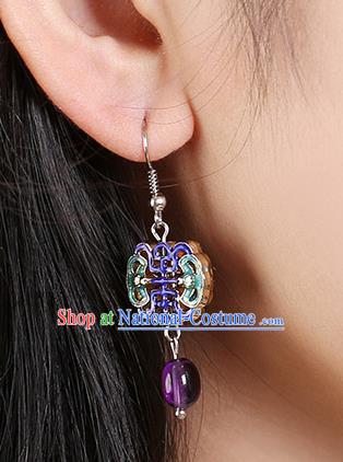 Chinese Classical Cloisonne Bat Ear Accessories Traditional Cheongsam National Amethyst Earrings