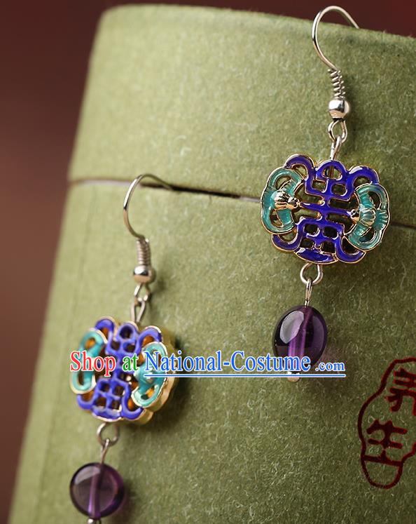 Chinese Classical Cloisonne Bat Ear Accessories Traditional Cheongsam National Amethyst Earrings