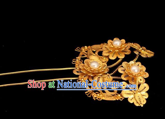 China Classical Court Pearls Hair Stick Traditional Hair Accessories Ming Dynasty Golden Butterfly Peony Hairpin