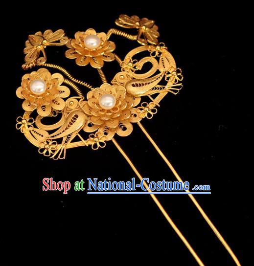 China Classical Court Pearls Hair Stick Traditional Hair Accessories Ming Dynasty Golden Butterfly Peony Hairpin