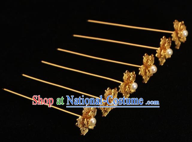 China Ancient Court Lady Pearl Hair Stick Traditional Hair Accessories Ming Dynasty Golden Hairpin