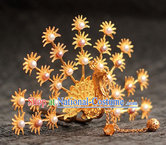 China Ancient Empress Pearls Hair Crown Traditional Hair Accessories Ming Dynasty Golden Phoenix Hairpin