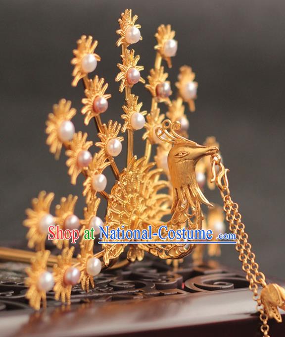 China Ancient Empress Pearls Hair Crown Traditional Hair Accessories Ming Dynasty Golden Phoenix Hairpin