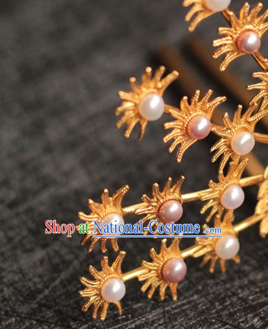 China Ancient Empress Pearls Hair Crown Traditional Hair Accessories Ming Dynasty Golden Phoenix Hairpin