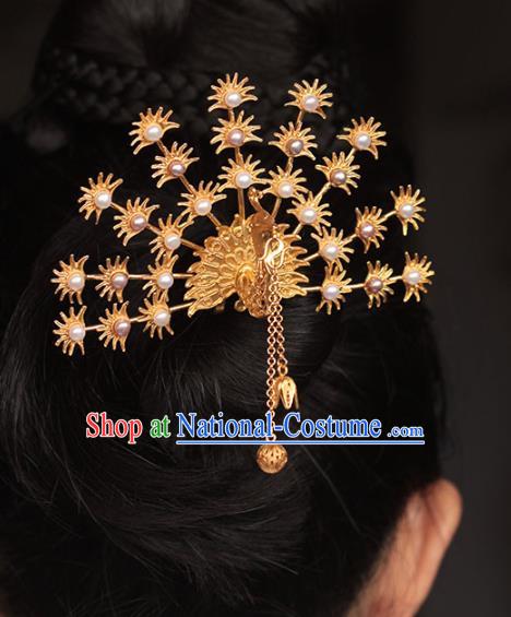 China Ancient Empress Pearls Hair Crown Traditional Hair Accessories Ming Dynasty Golden Phoenix Hairpin