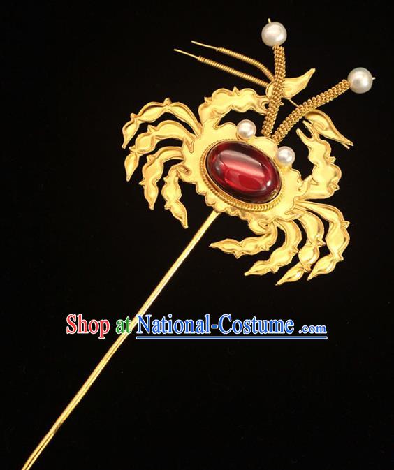 China Ancient Empress Ruby Hair Stick Traditional Hair Accessories Ming Dynasty Golden Crab Hairpin